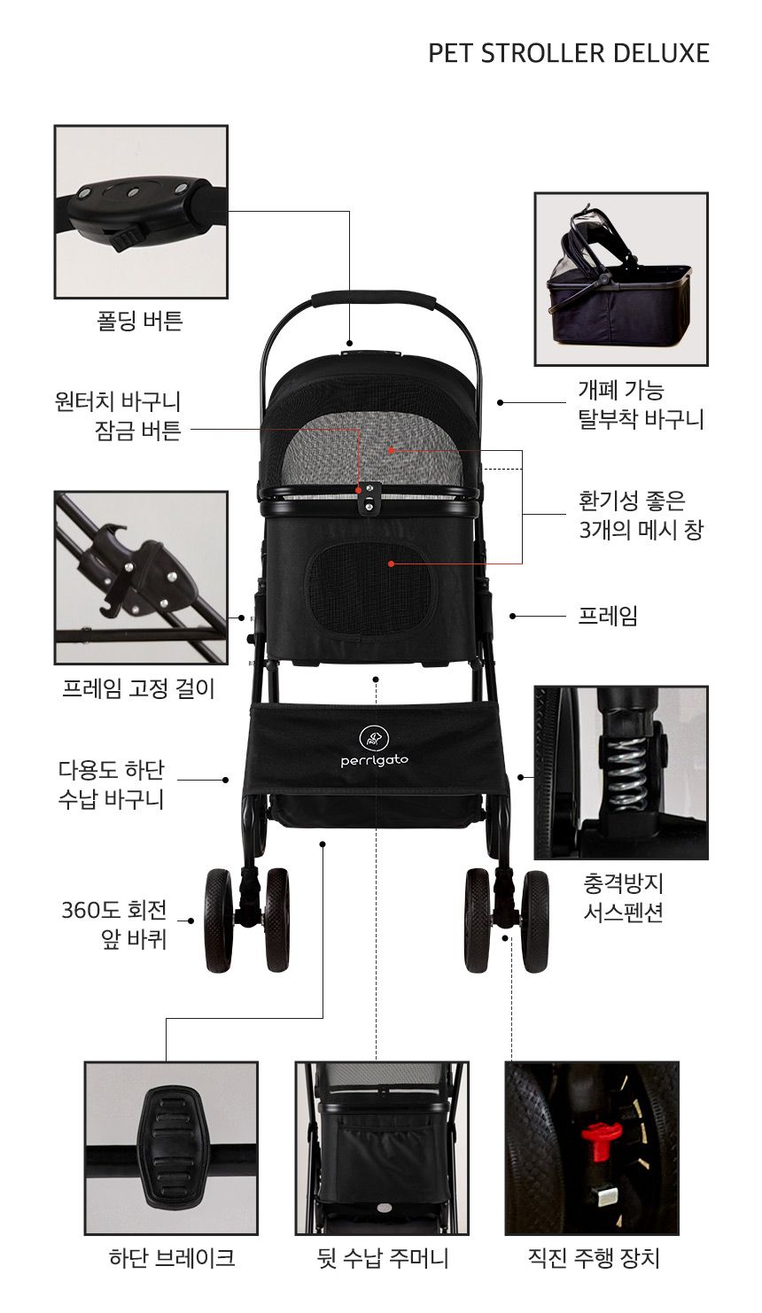 [무료배송] 페리가토 반려동물 유모차 디럭스 블랙 원터치/벨크로 30번째