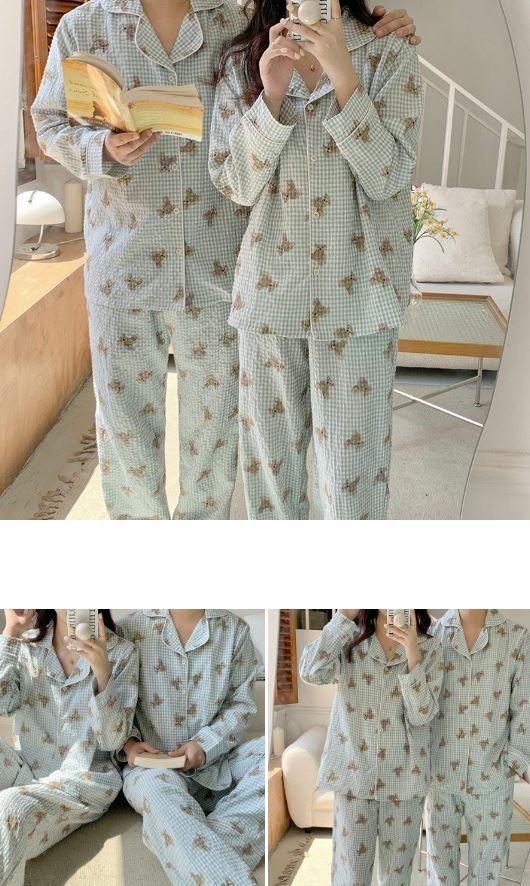 [무료배송] 찰리롤리 디키 곰 체크 파자마 커플룩 민트/블루 S-2XL 22번째