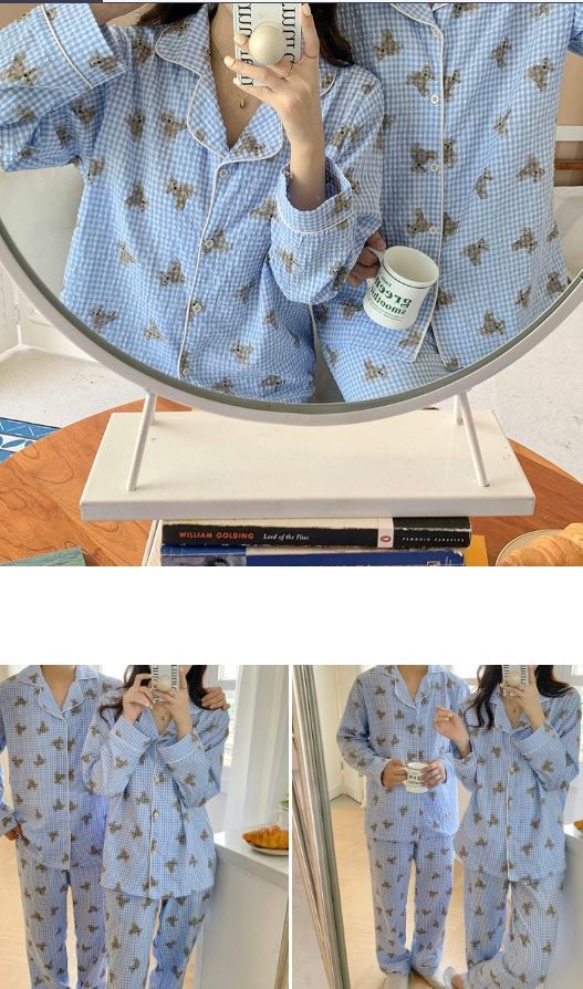 [무료배송] 찰리롤리 디키 곰 체크 파자마 커플룩 민트/블루 S-2XL 23번째