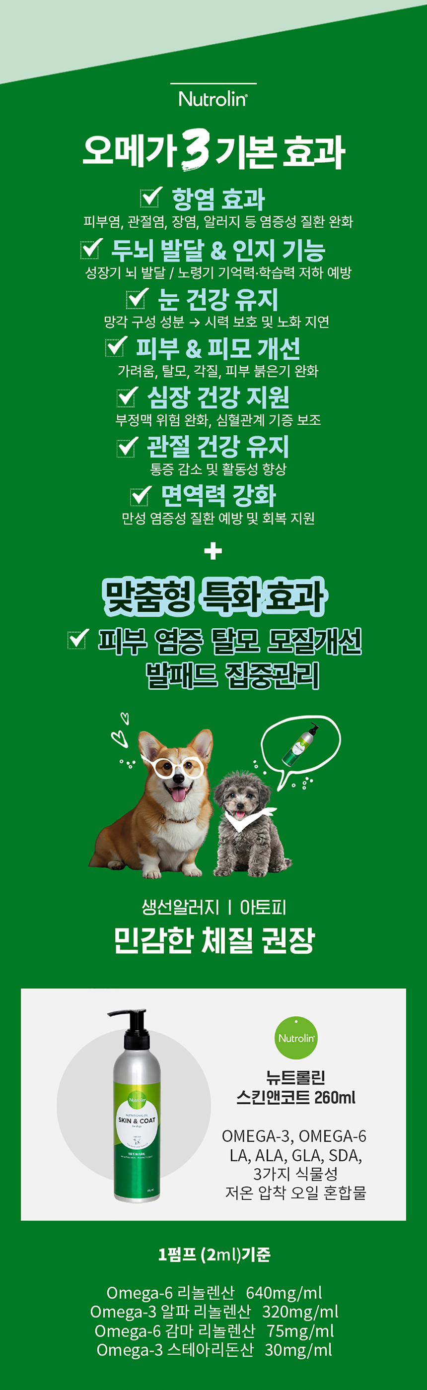 [NEW신상][무료배송] 뉴트롤린 반려견 스킨앤코트 피부 피모관리 식물성 종자유 기반 오메가3+6 260ml 13번째 상세 이미지