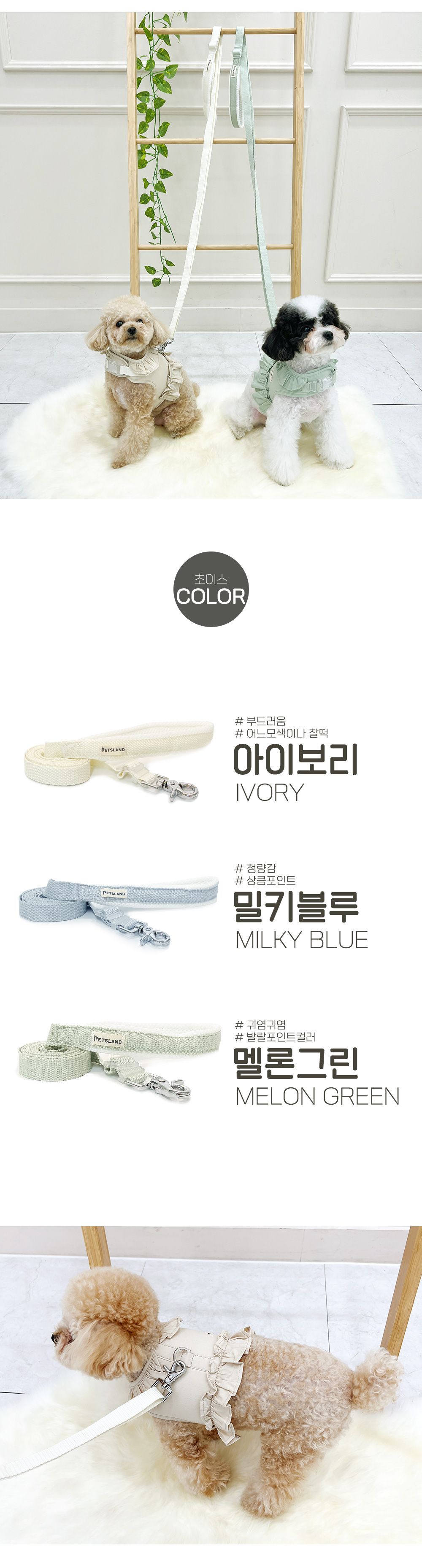 [무료배송] 펫츠랜드 메쉬 핸들 리드줄 밀키블루/아이보리/멜론그린 4번째