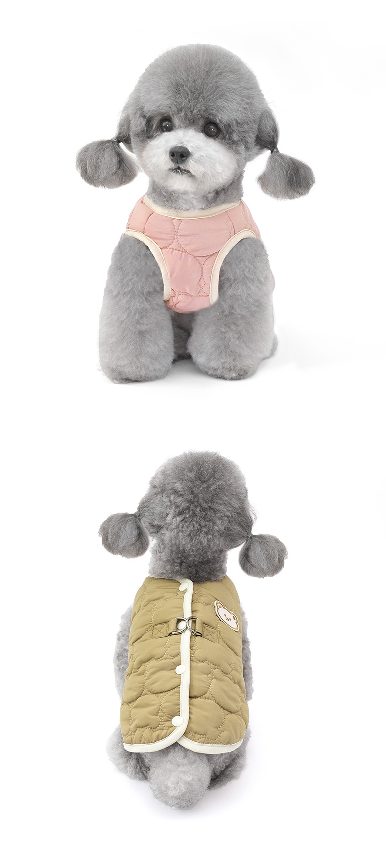 [무료배송] 준성펫 곰돌곰돌 하네스 D링 누빔 패딩 조끼 (핑크/카키) 6번째