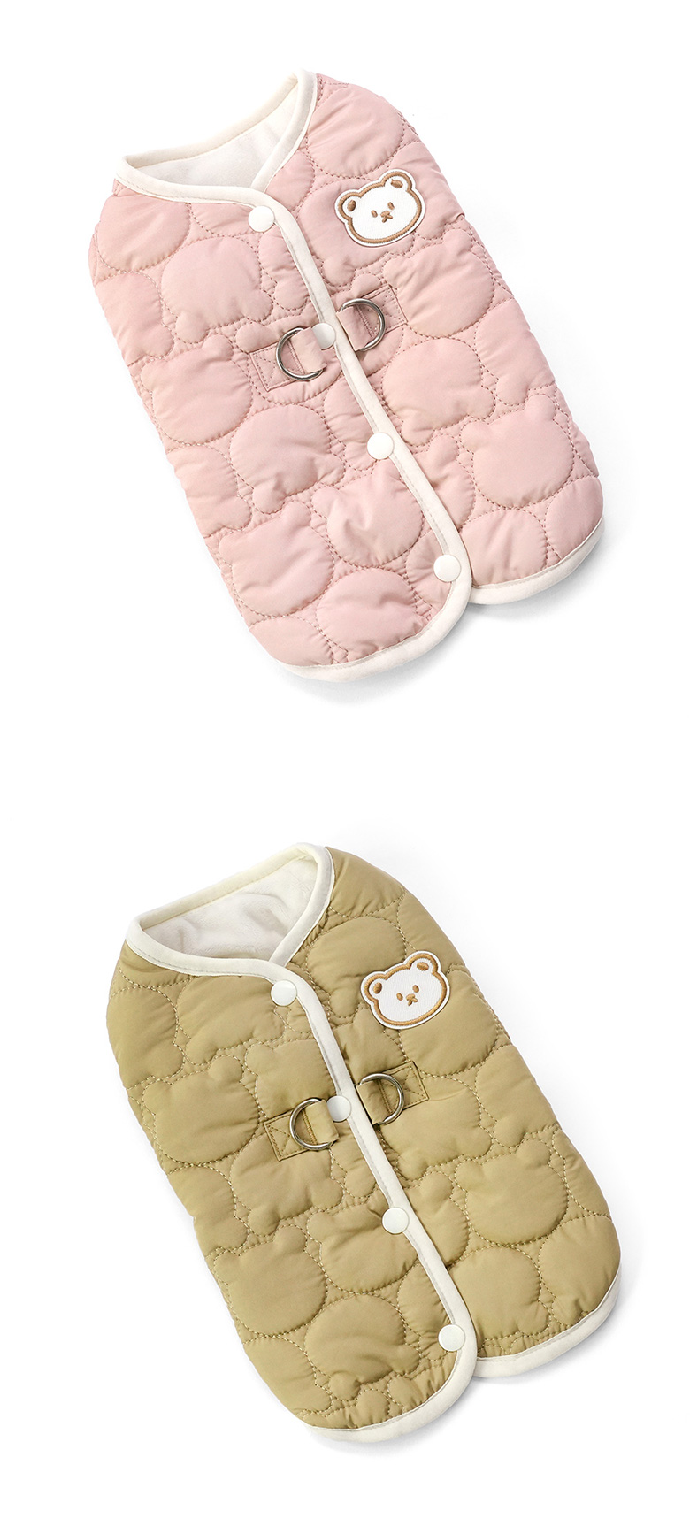 [무료배송] 준성펫 곰돌곰돌 하네스 D링 누빔 패딩 조끼 (핑크/카키) 10번째