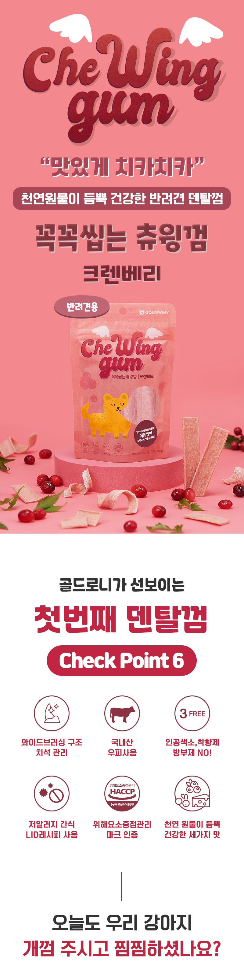 [무료배송] [추가증정] 골드로니 꼭꼭씹는 츄윙껌 크렌베리 100g x2개 + 순살스틱 2p 증정 1번째