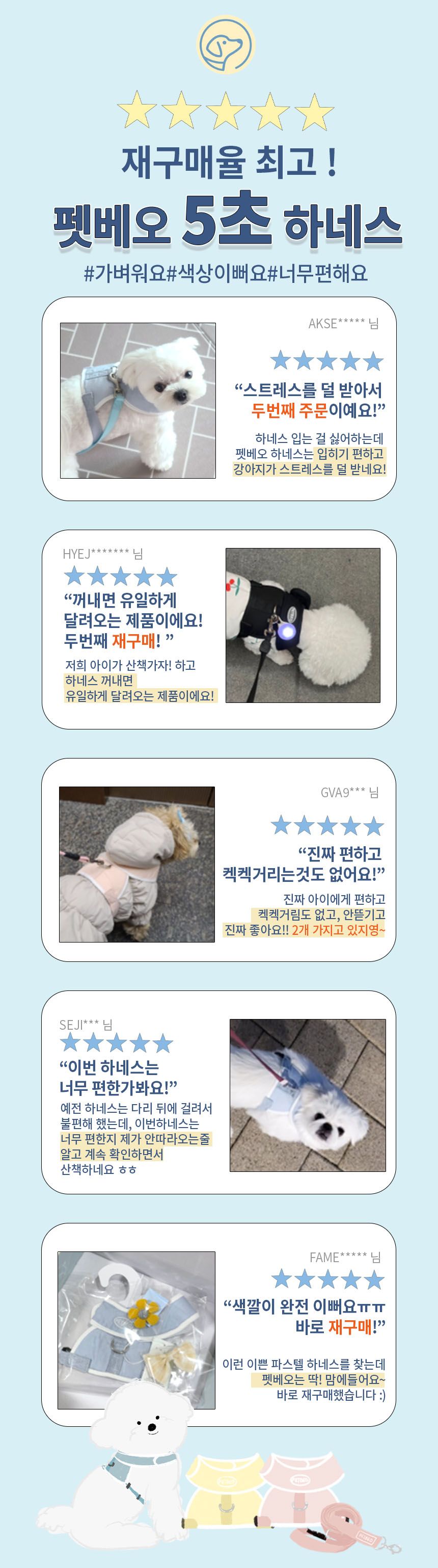 [무료배송] 펫베오 5초 H형 하네스 가슴줄 핑크/소라/베이지/옐로우/블랙 S-XL 2번째