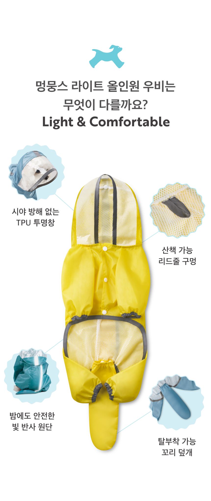 [무료배송] 멍뭉스  라이트 올인원 우비 레인코트 틸블루/스카이블루/옐로우 S-XL 3번째