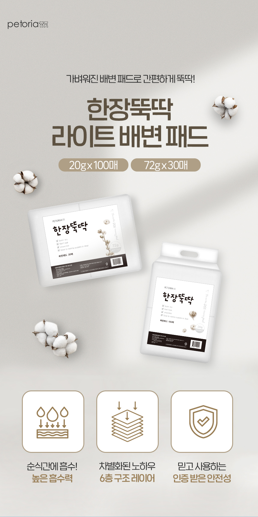 [NEW신상][무료배송] 펫토리아 한장뚝딱 강아지 라이트 배변 패드 무향 (실속형/초대형) 1번째