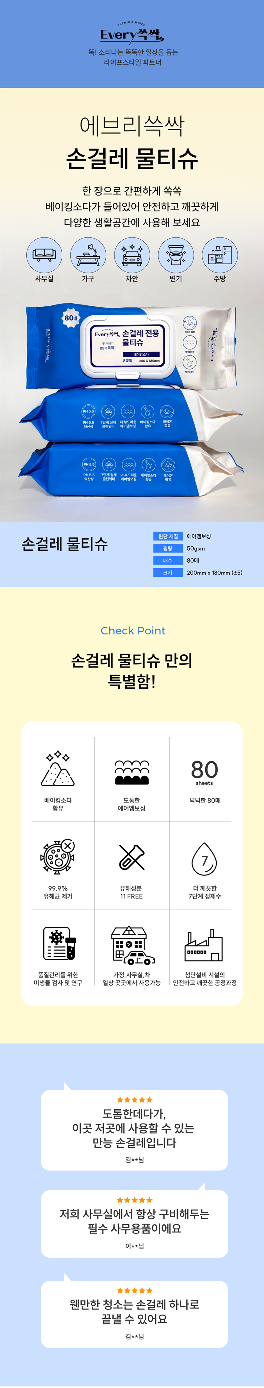 [NEW신상][무료배송] 에브리쓱싹 베이킹소다 손걸레 물티슈 80매, 10개 1번째