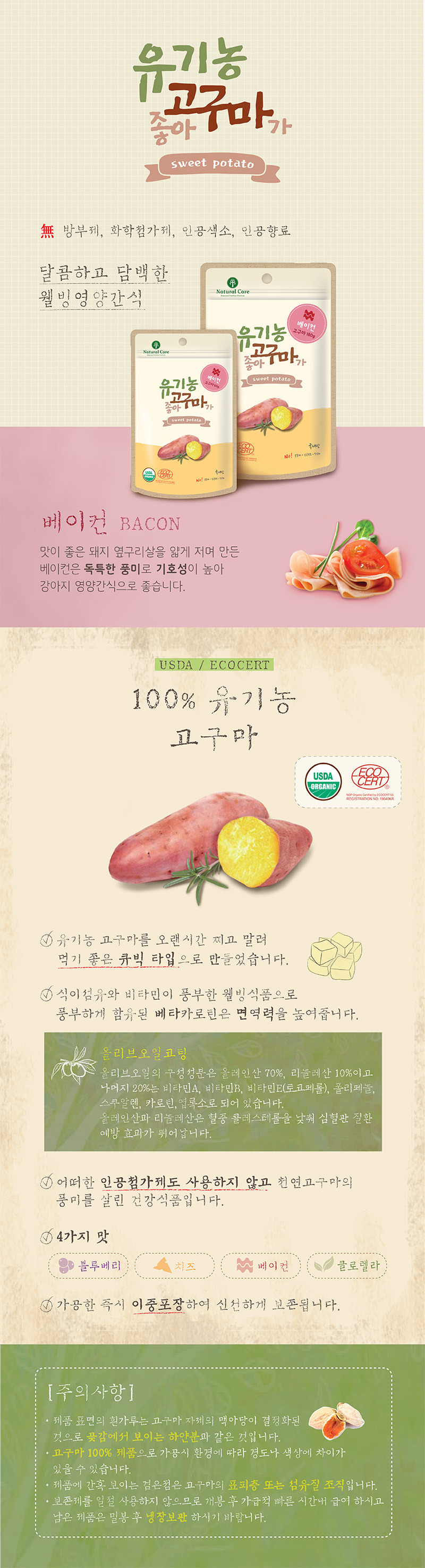 [유통기한임박, 26년4월13일] 네츄럴코어 독 유기농 고구마가 좋아 베이컨 60g 1번째