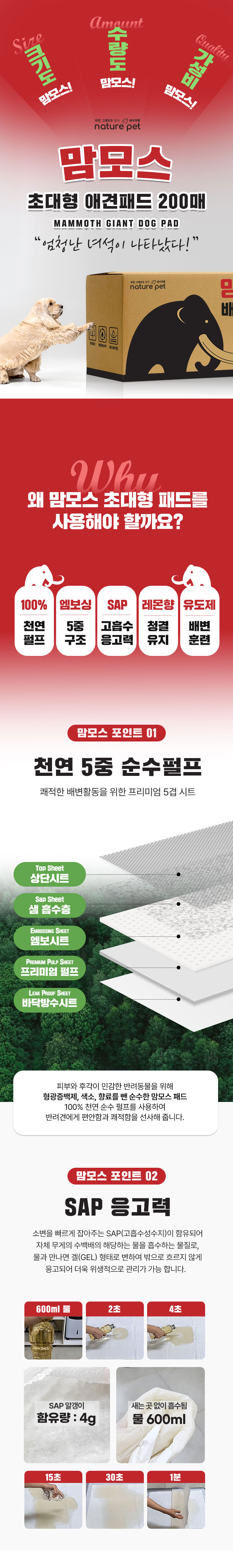 [무료배송] 네이처펫 맘모스 초대형 애견패드 200매(80X65cm) 1번째