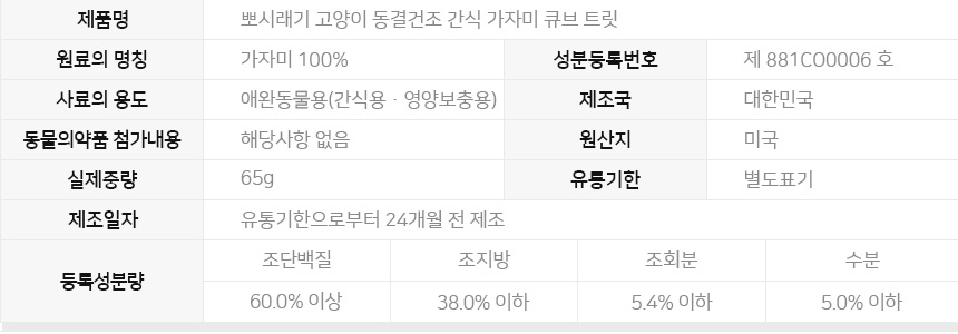 [무료배송] 뽀시래기 캣 동결건조 가자미 큐브 트릿 65g 7번째