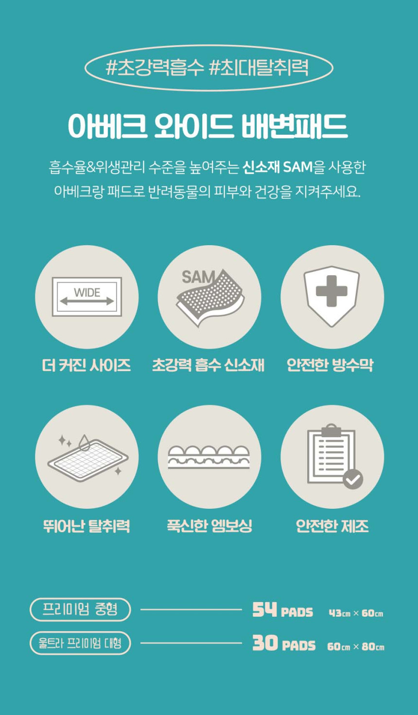 [무료배송] 아베크 국내생산 프리미엄 10CM 배변패드 중형 54매 (43X60cm) 2번째