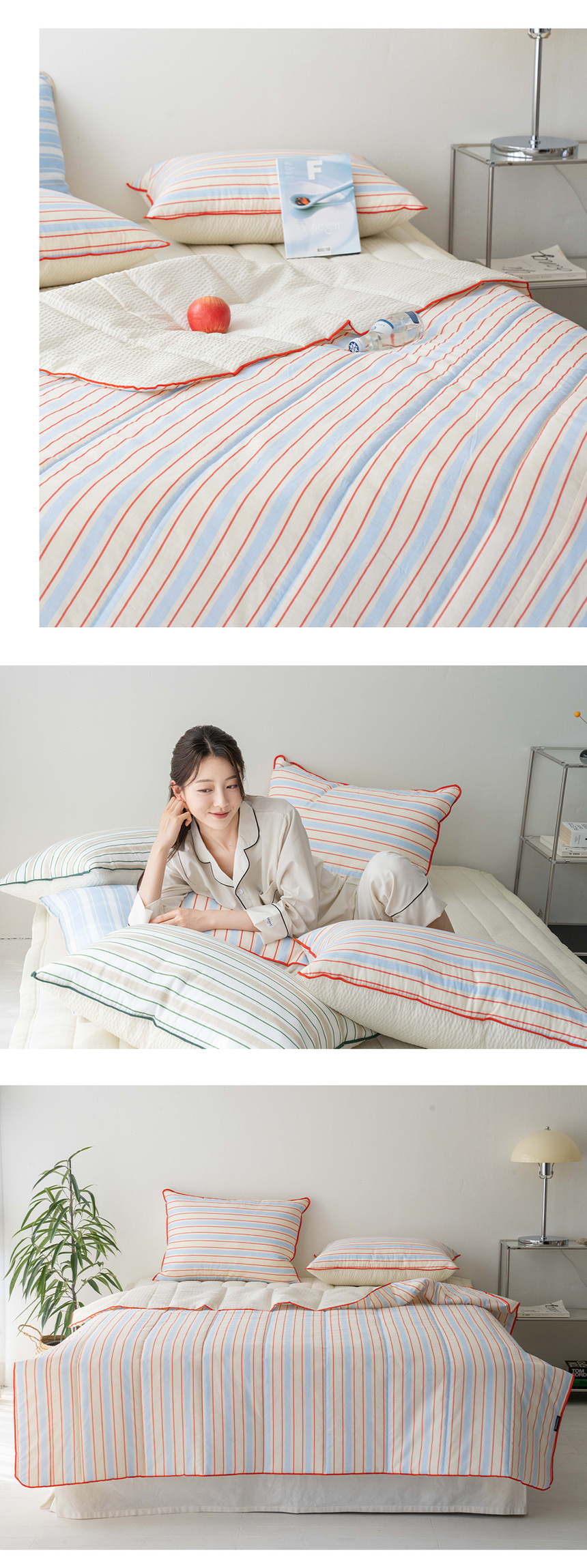 [NEW신상][무료배송] 체고케어 스트라이프 순면 시어서커 털안붙는 여름이불 16번째