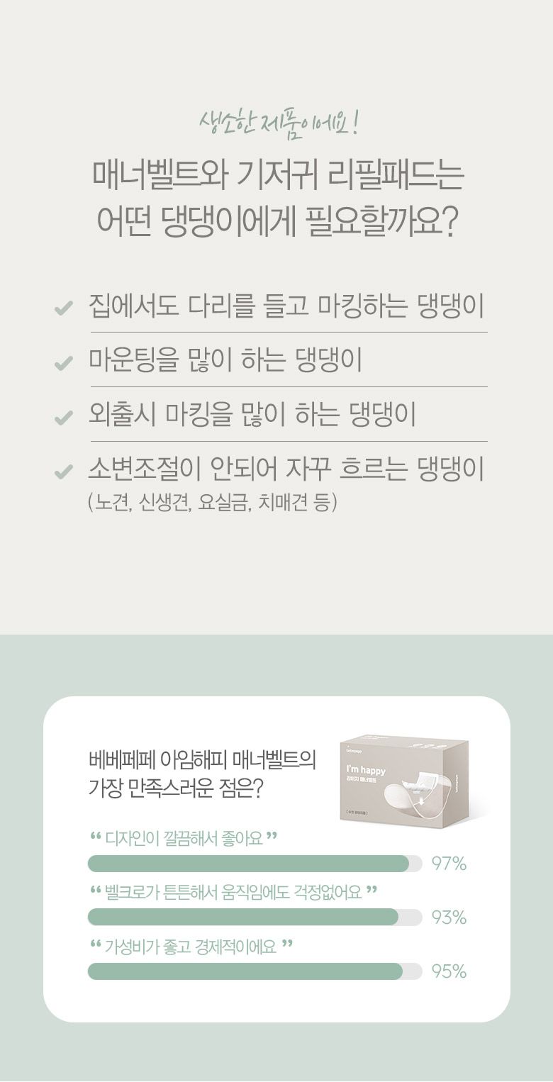 [무료배송] 베베페페 아임해피 강아지 기저귀 매너벨트 핑크세트 (리필패드10매+매너벨트) 5번째