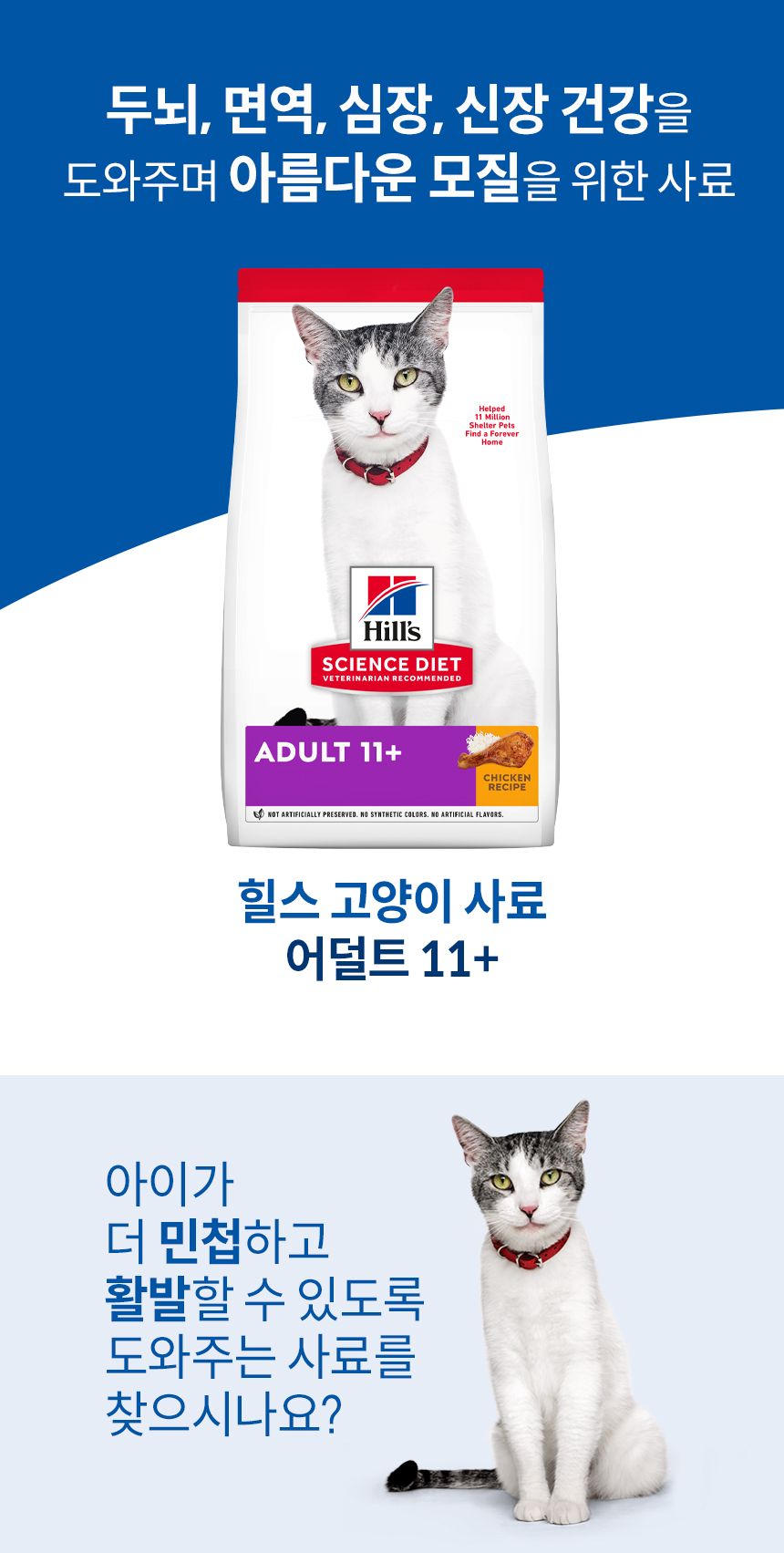 [심쿵펫페어][추가증정] 힐스 캣 어덜트 11+ 치킨 1.6kg   + 어덜트 유리너리 헤어볼 컨트롤 스튜 82g 증정 1번째
