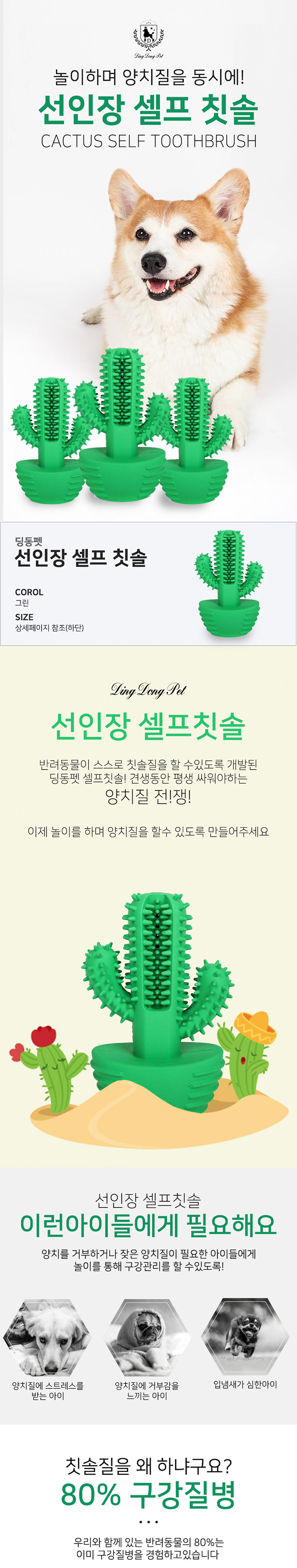 [무료배송] 딩동펫 반려동물 라텍스칫솔 선인장 셀프칫솔 1번째
