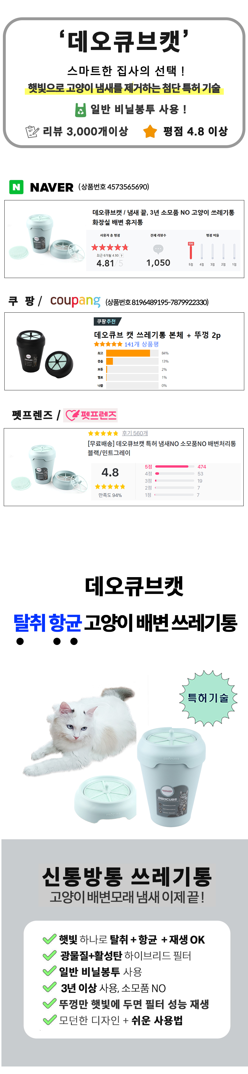 [무료배송] 데오큐브캣 특허 냄새NO 소모품NO 배변처리통 블랙/민트그레이 1번째