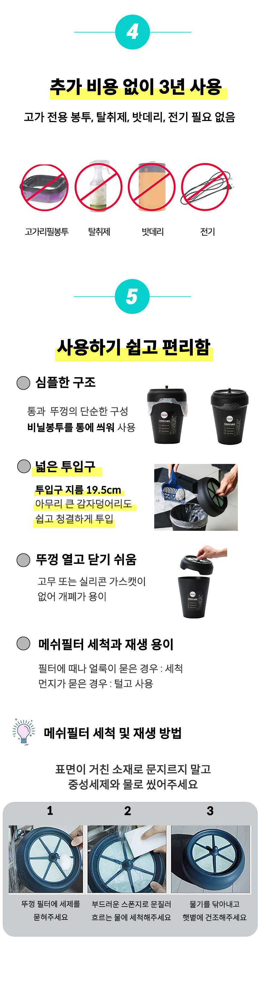 [무료배송] 데오큐브캣 특허 냄새NO 소모품NO 배변처리통 블랙/민트그레이 9번째