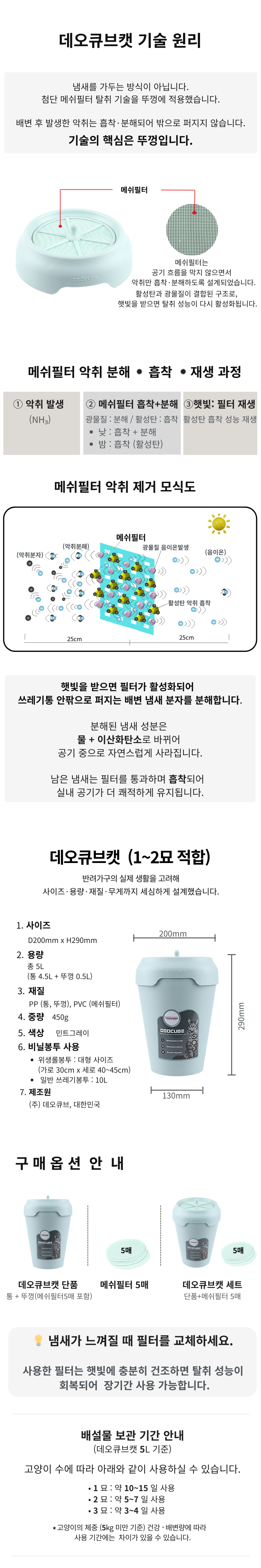 [무료배송] 데오큐브캣 특허 냄새NO 소모품NO 배변처리통 민트그레이 2번째