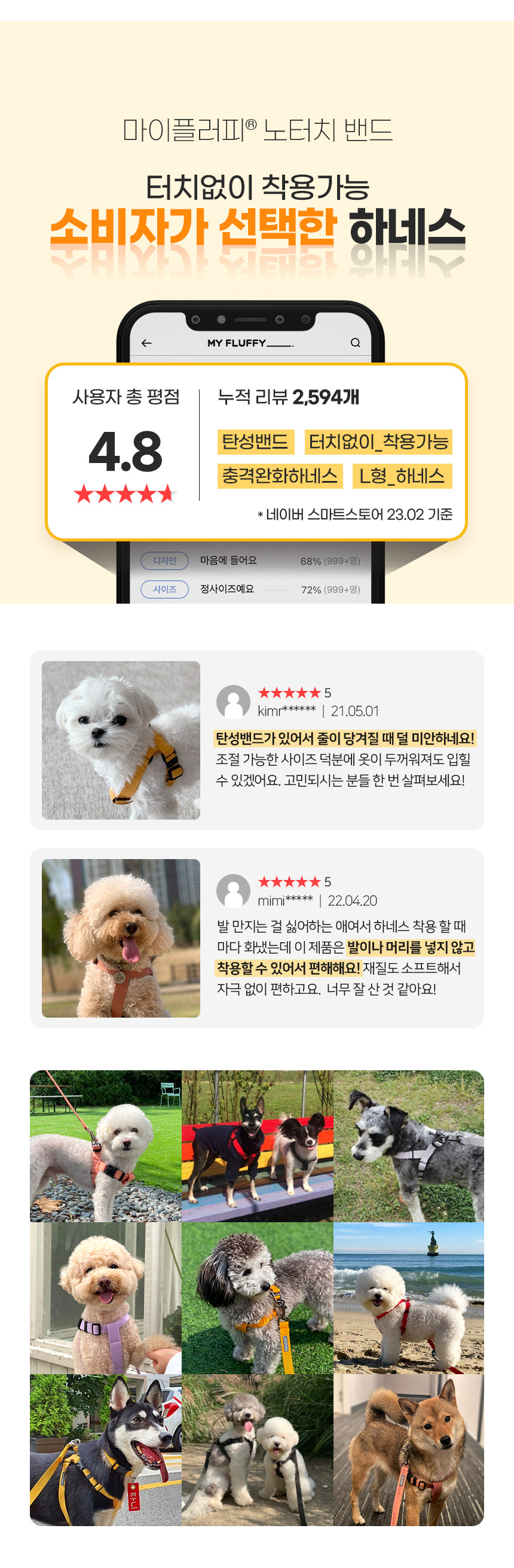 [무료배송] 마이플러피 강아지 하네스 노터치하네스밴드 S-XL (7컬러) 3번째