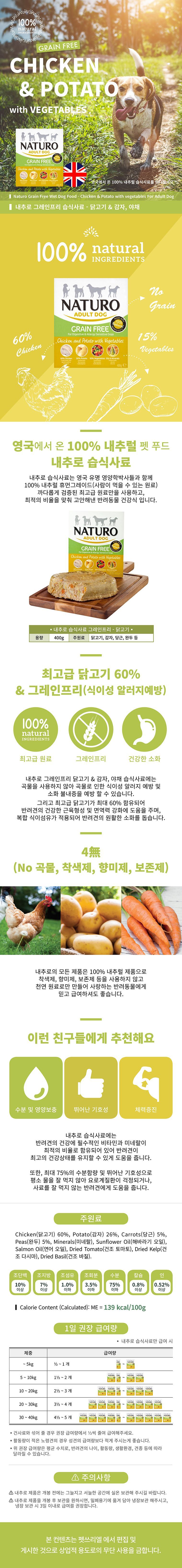 내추로 독 습식사료 그레인프리 치킨&감자채소 400g 1번째