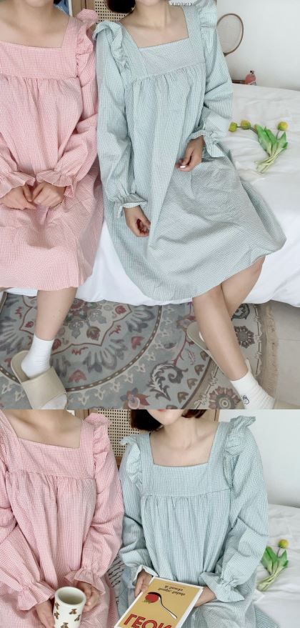 [무료배송] 찰리롤리 데일리 체크 잠옷 레이스 파자마 커플룩 베이지/민트/핑크 S-2XL 21번째