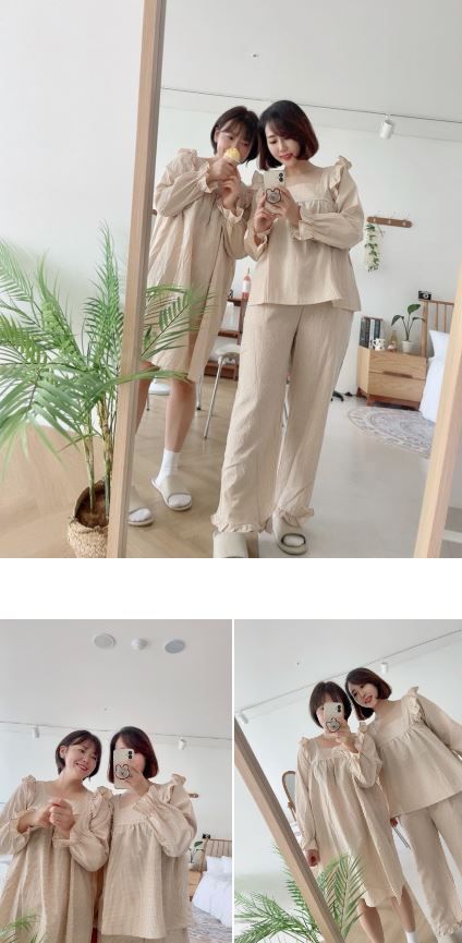 [무료배송] 찰리롤리 데일리 체크 잠옷 레이스 파자마 커플룩 베이지/민트/핑크 S-2XL 29번째