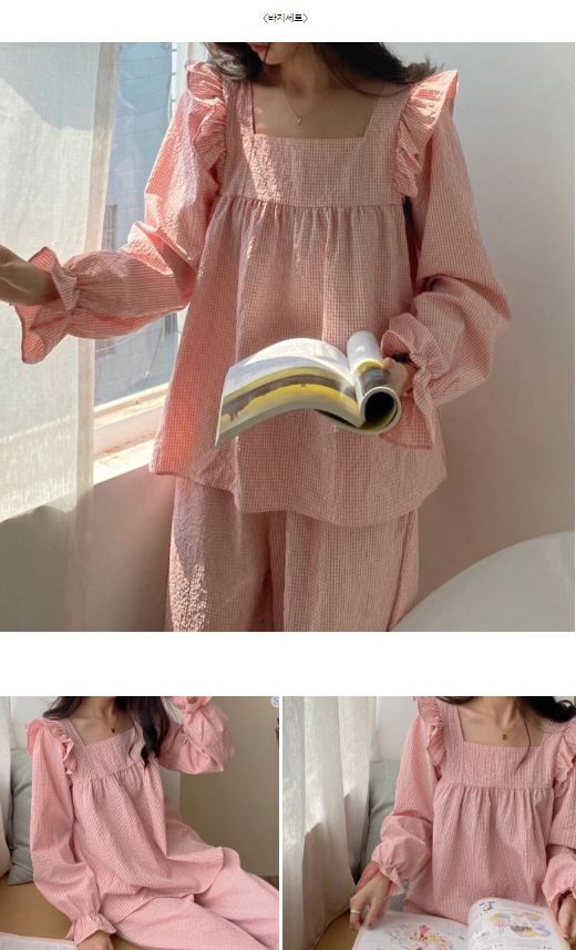 [무료배송] 찰리롤리 데일리 체크 잠옷 레이스 파자마 커플룩 베이지/민트/핑크 S-2XL 31번째