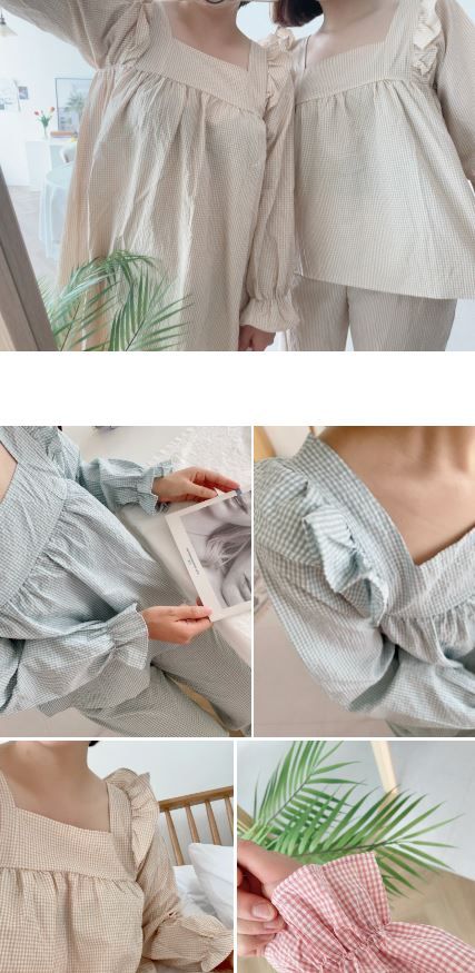 [무료배송] 찰리롤리 데일리 체크 잠옷 레이스 파자마 커플룩 베이지/민트/핑크 S-2XL 30번째