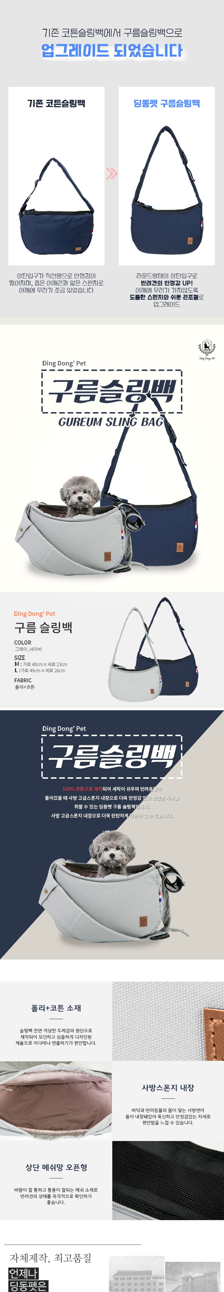 [무료배송] 딩동펫 강아지 이동가방 구름슬링백 그레이/네이비/ M-L 1번째