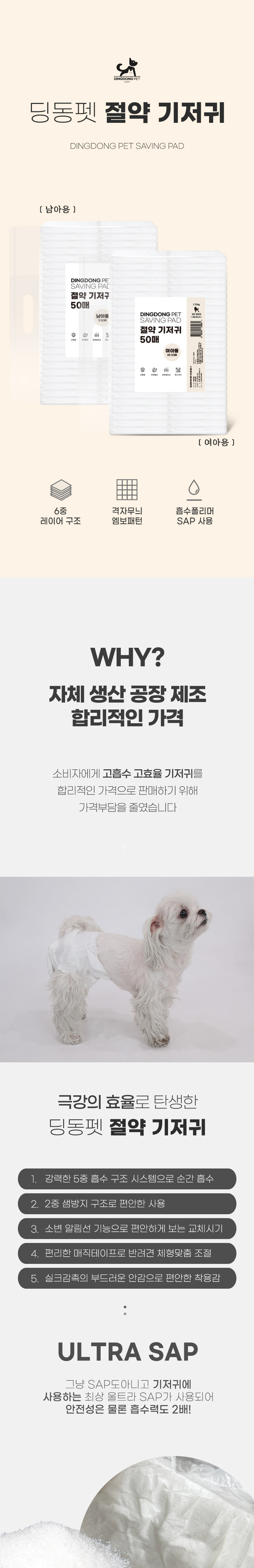 [무료배송] 딩동펫 강아지 절약 기저귀 여아용/남아용 50매 1번째