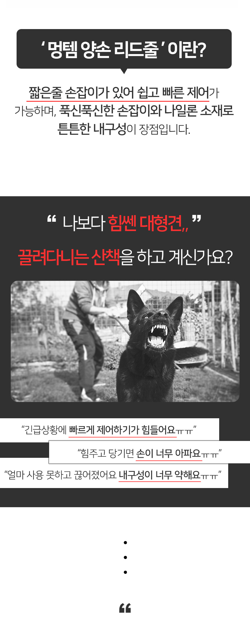 [무료배송] 멍템 대형견 듀얼핸드 리드줄 1.8m 레드/블랙 5번째