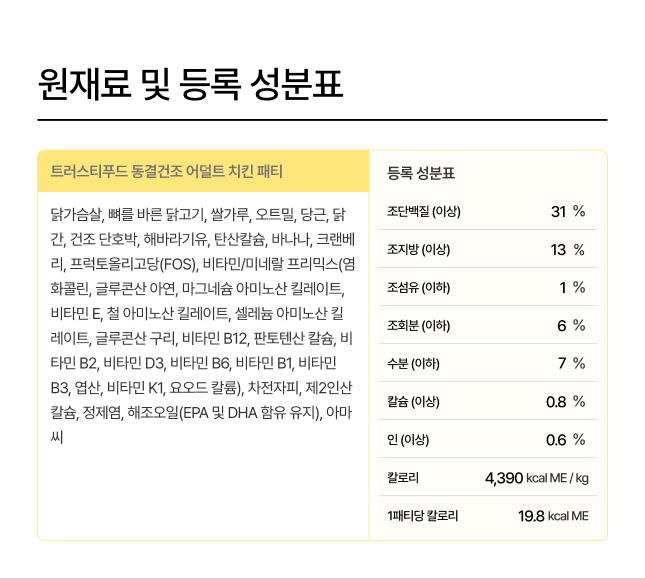 [무료배송] 트러스티푸드 동결건조 사료 치킨패티 어덜트 150g+야채/초록입홍합50g 세트 8번째