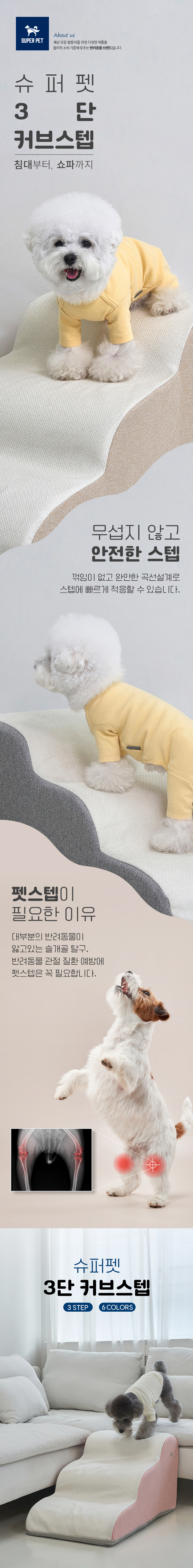 [무료배송] 슈퍼펫 강아지 계단 애견 반려동물  슬개골 보호 3단 커브스텝 (베이지/그레이/브라운/그린/핑크/오렌지) 1번째