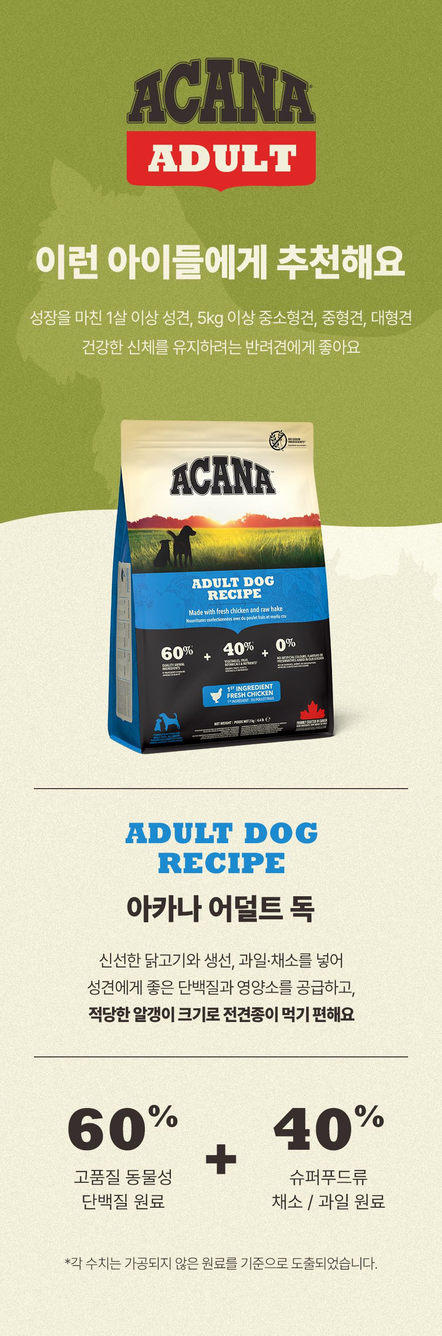 [유통기한임박, 26년1월26일] 아카나 독 어덜트 레시피 2kg 2번째
