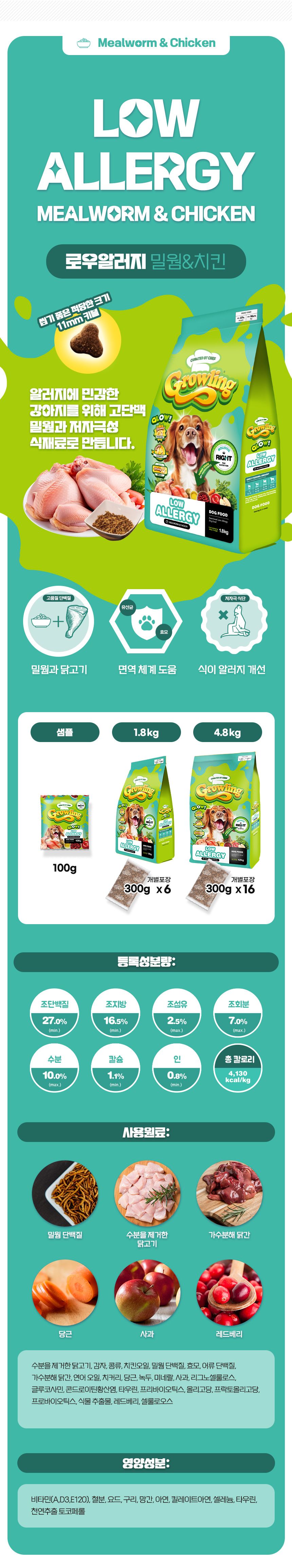 [유통기한임박, 25년3월8일] 그롤링 독 글로우 로우알러지 밀웜&치킨 1.8kg 21번째