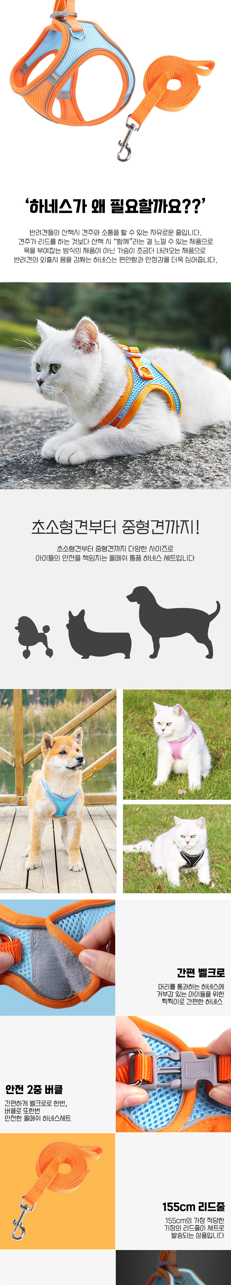 [무료배송] 딩동펫 강아지 리드줄 올메쉬 통풍하네스 세트 오렌지/블루/레드/핑크/블랙 XXXS-L 2번째