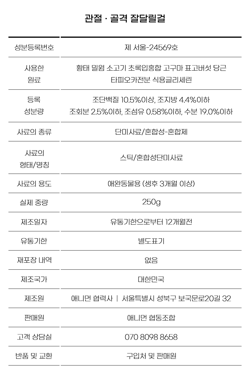 [무료배송] 애니먼 독 잘달릴걸 관절&골격 영양제 250g 16번째
