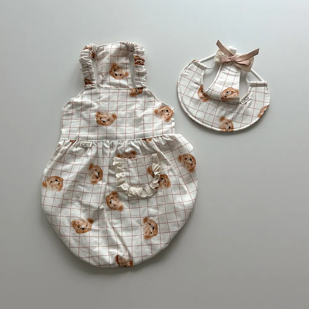 [무료배송] 개달당 곰돌이체크 호박 나시 벌룬 원피스 썬햇 모자 2종 SET S-L