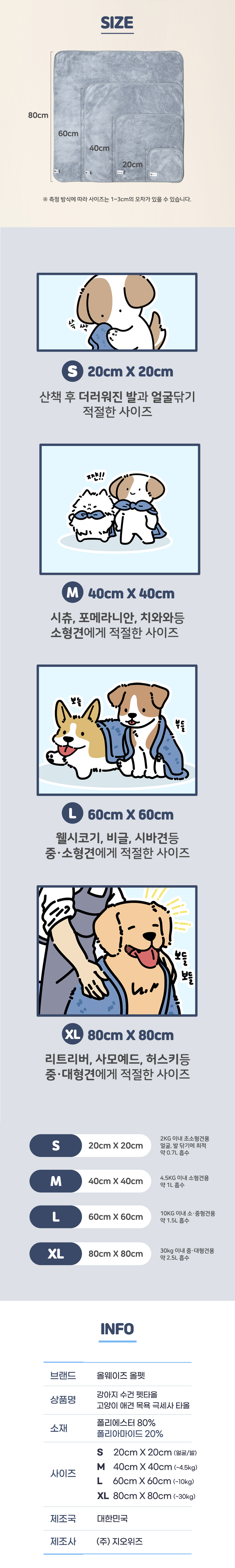 [무료배송][1+1] 올웨이즈올펫 수건 극세사 펫타올 M 40*40 16번째