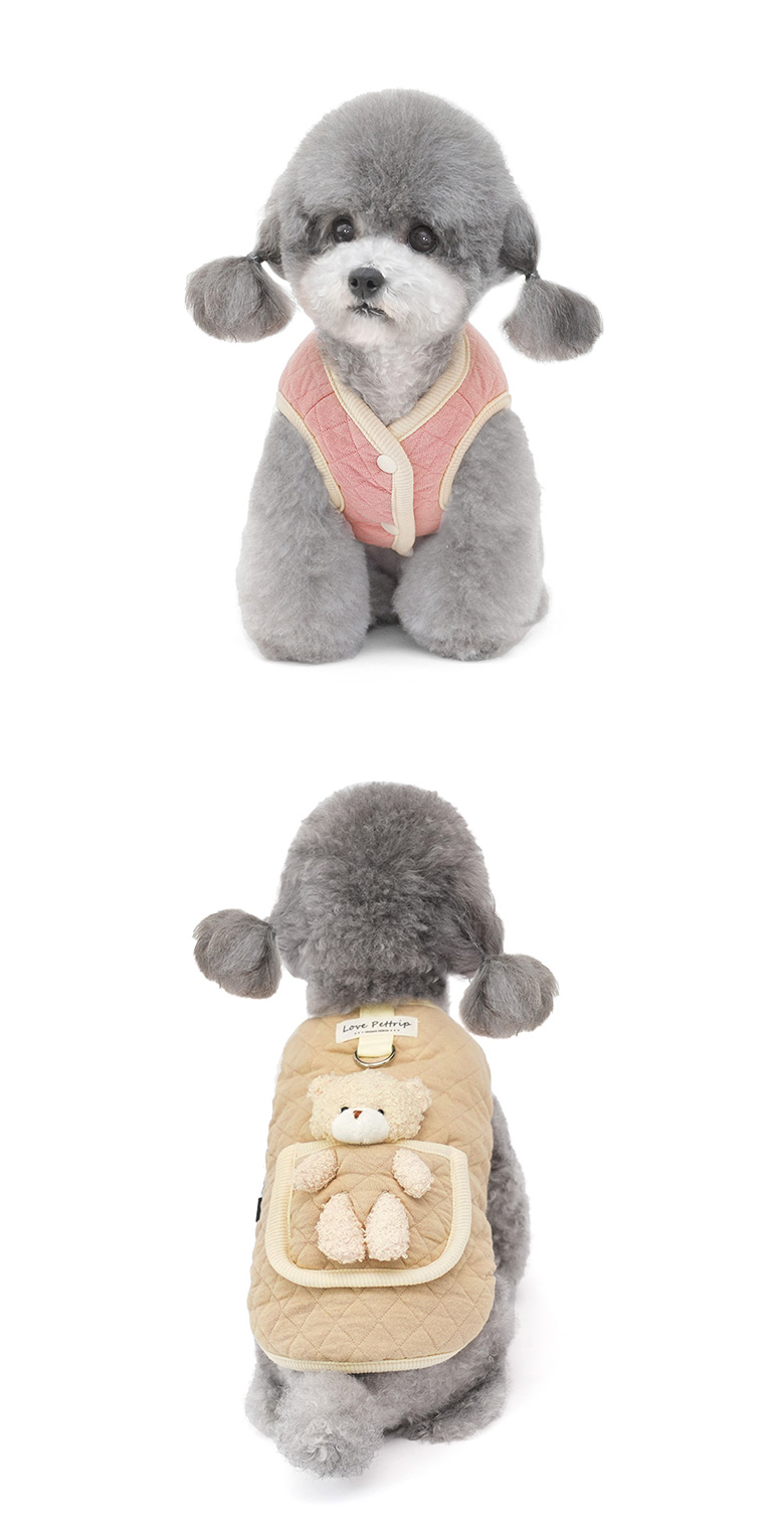 [무료배송] 준성펫 애착인형 하네스 D링 누빔 패딩 조끼 (핑크/베이지) 8번째