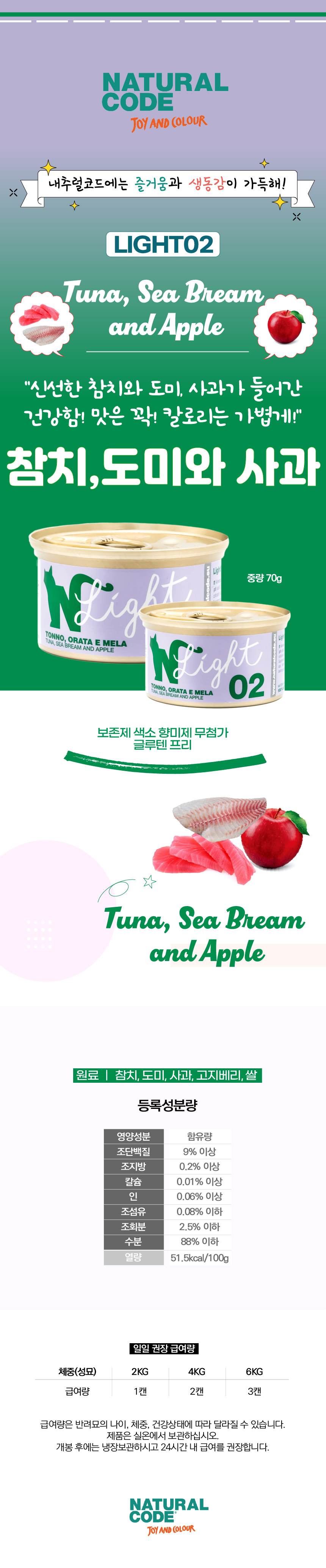 [체험단] [무료배송] 내추럴코드 라이트 02 고양이 습식 캔 참치, 도미와 사과 70g 2번째