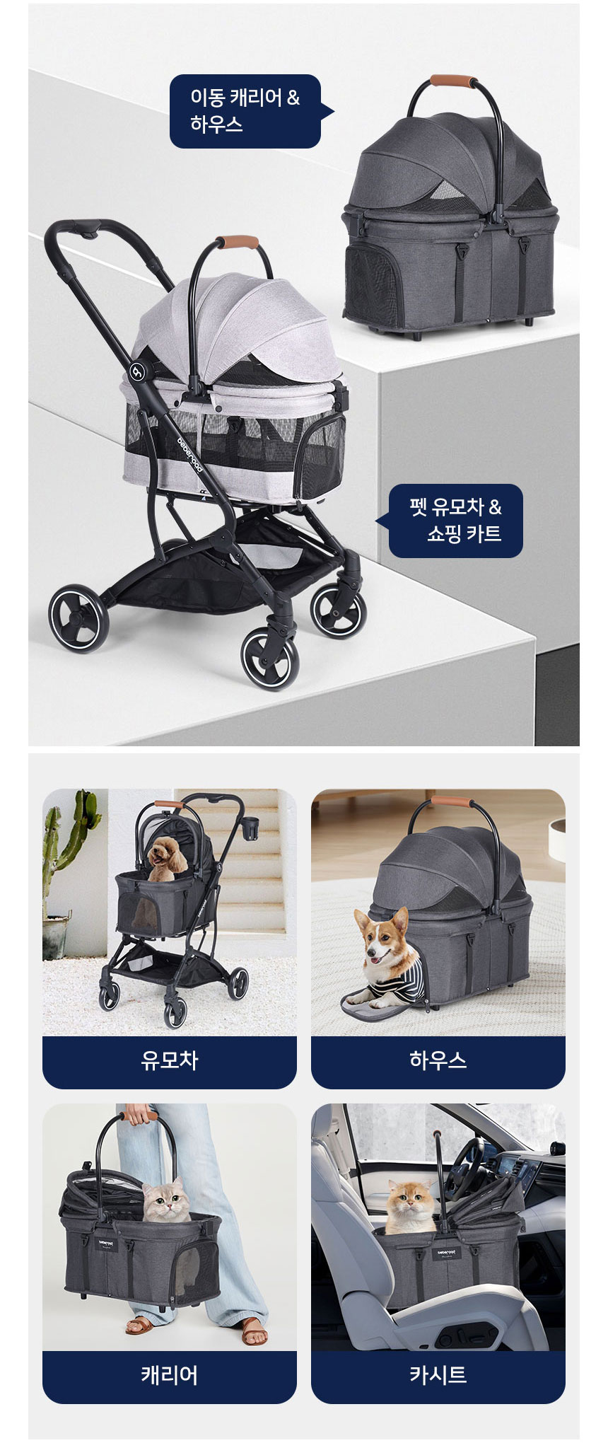[신상특가] [무료배송] 베베로드 T3 프리미엄 강아지 애견 유모차 분리형 접이식 캐리어 그레이 8번째