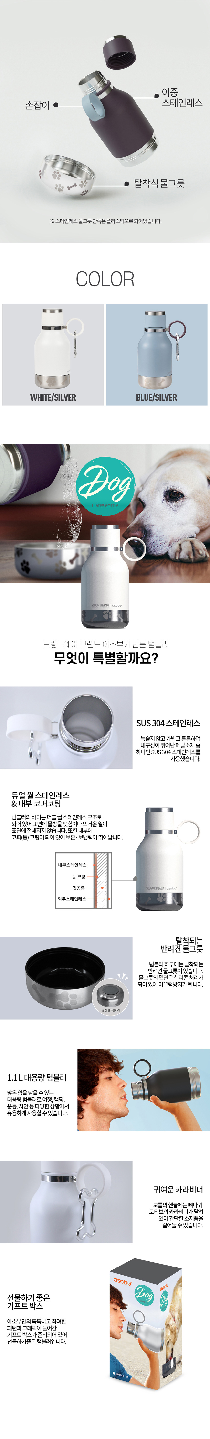 [체험단][무료배송] 캐나다 아소부 스텐 캠핑앤펫 보틀 1.1L 블루/화이트 3번째