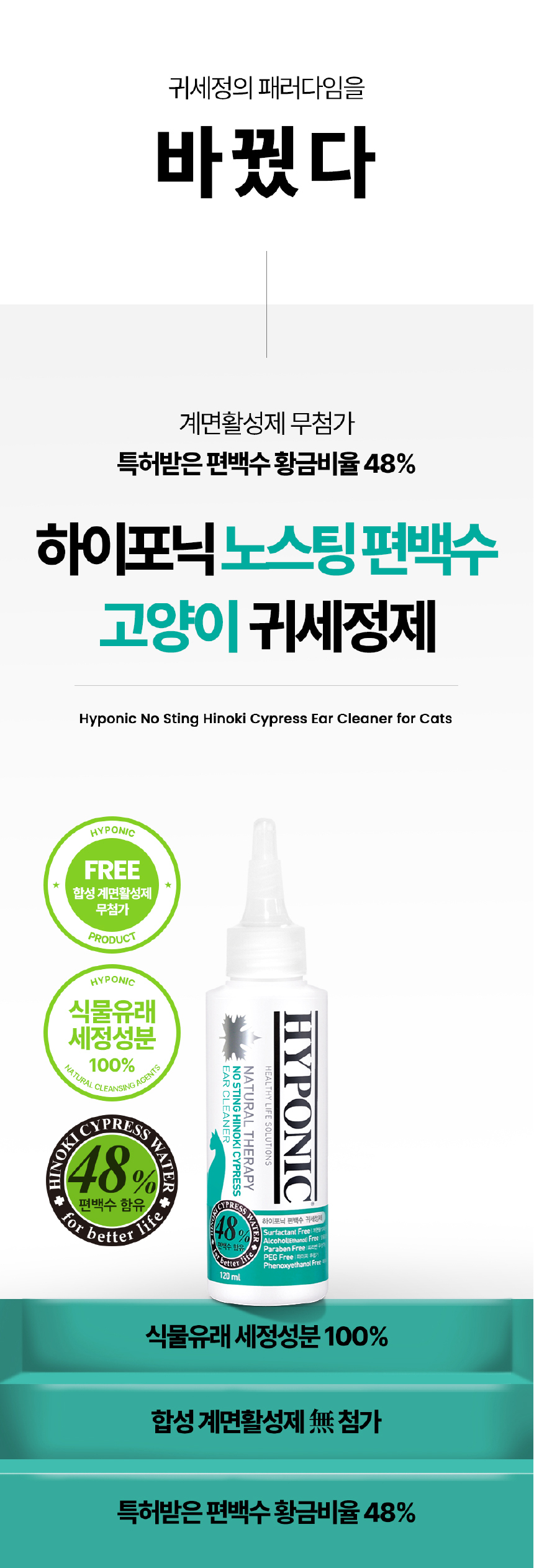 [무료배송] 하이포닉 캣 편백수 귀세정제 120ml 1번째
