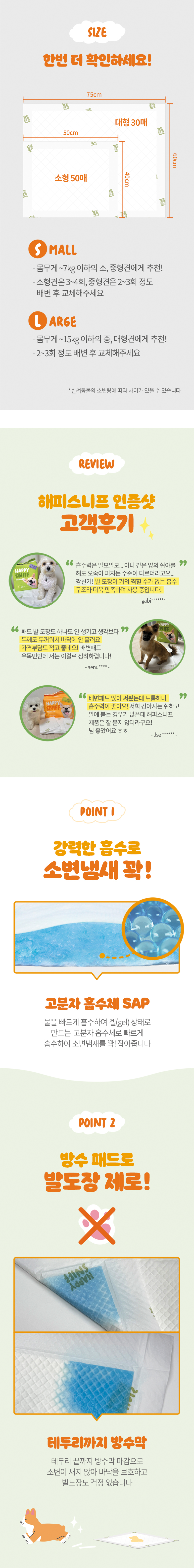 [무료배송] 베베페페 해피스니프 고흡수 실속형 배변패드 소형 2팩 100매 2번째